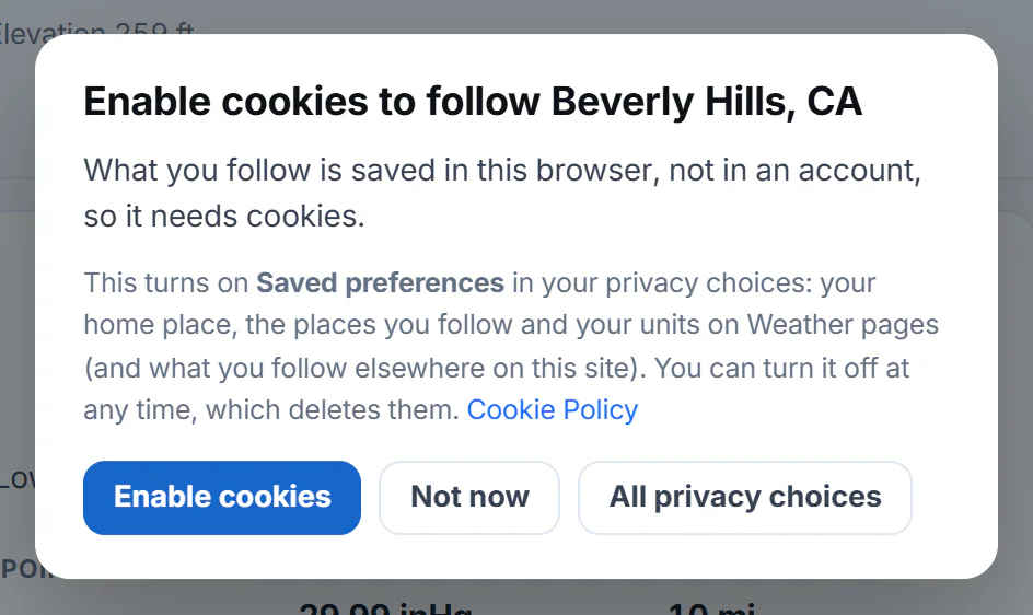 The box that appears when you set a home place or follow a place while Saved preferences is off: it explains that the choice is kept in this browser and offers to turn the cookies on
